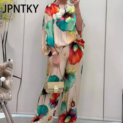 JPNTKY Été et Automne Urbain Élégant Tweed Une épaule Ample Imprimé Manches chauve-souris et Pantalon long Ensemble