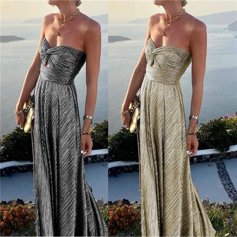 Ladies Summer New Sexy Chest Wrapped Bronzing Party Dress Solid Color Elegant Casual Big Swing Decoration Design Long Skirt