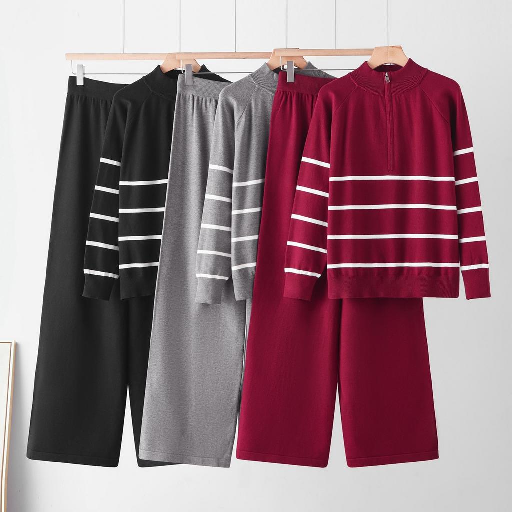 European and American sweater fashion suit striped winter foreign loose two-piece set women's knitted two-piece set
