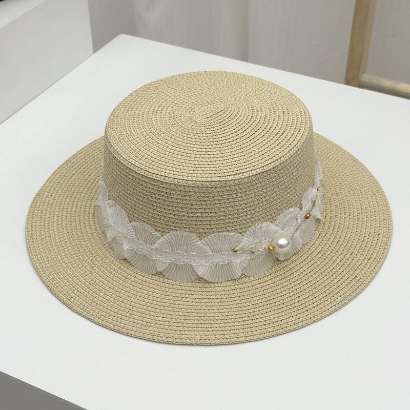 French lace bow hemming straw woven flat top top hat women's summer travel put ultraviolet sunshade big edge straw hat