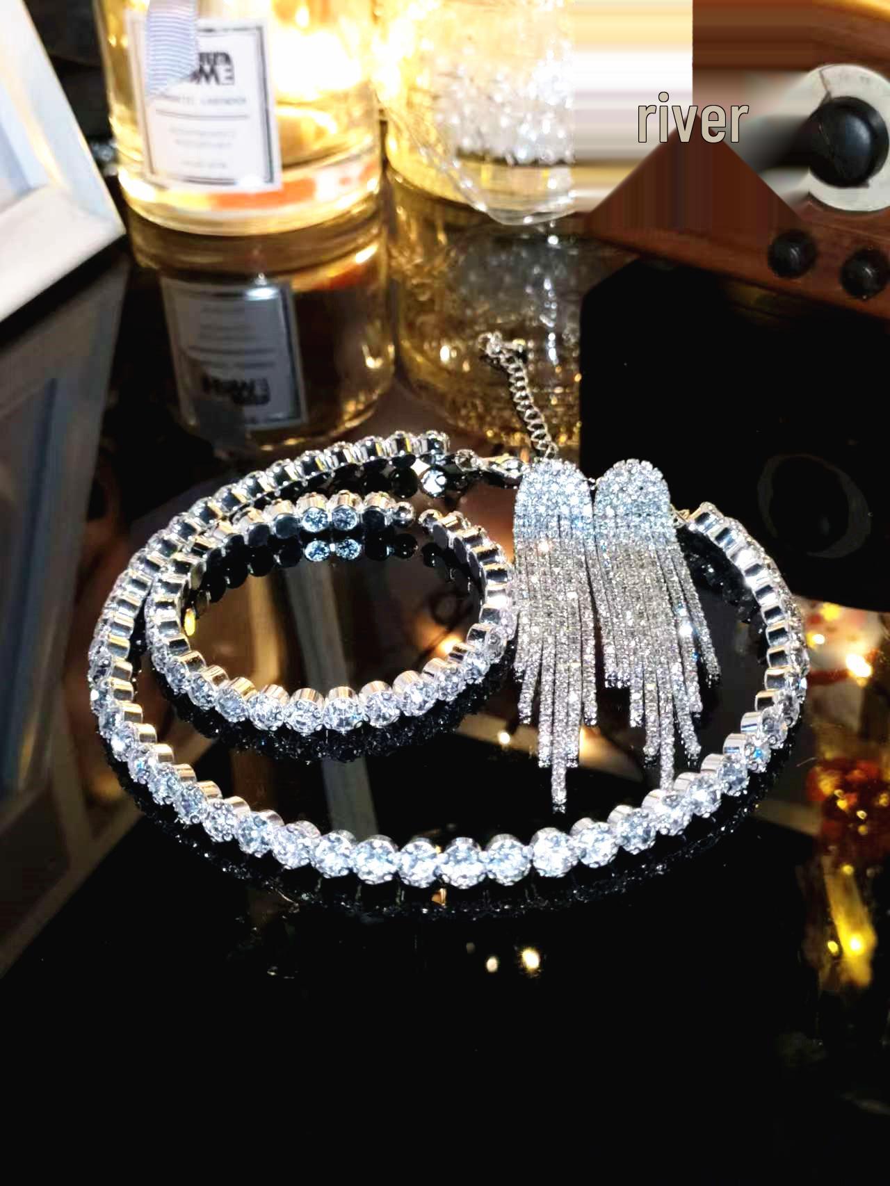 

Crystal Choker Necklace & Earring Set with Rhinestone Bangle