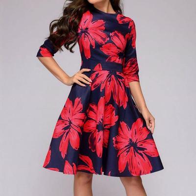 Women 3/4 Sleeve Dress Ladies Casual Party Holiday Elegant A-Line Vintage Floral Printed Dress