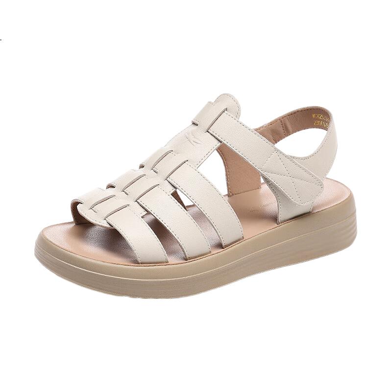 Red Dragonfly Women's Leather Sandals Soft Sole Versatile Comfortable Flat Beach Shoes WTK252381 Off-White Size 37