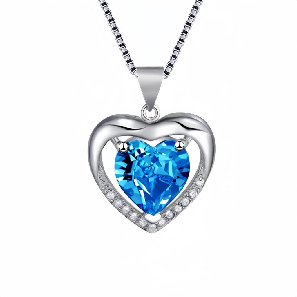 Korean Style Heart-Shaped Blue Crystal Necklace with Peach Heart Pendant