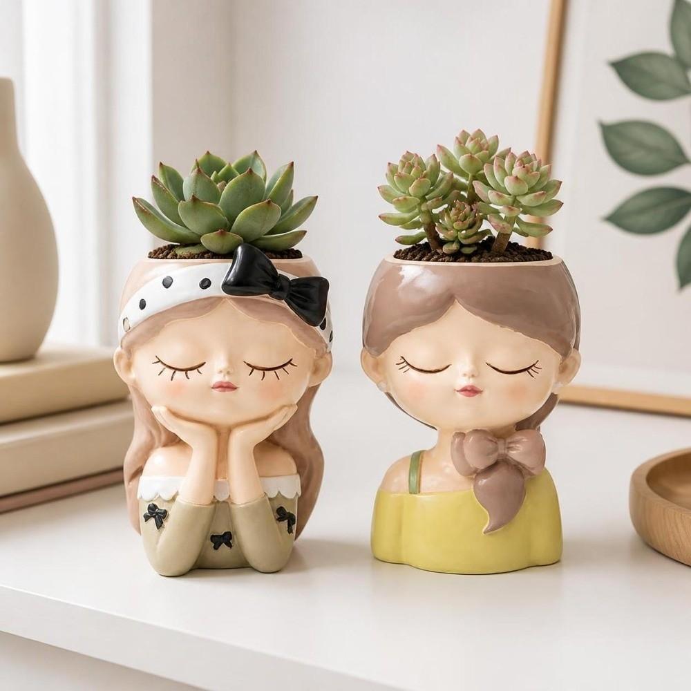 Cartoon Girl Face Planter Pot Resin Bonsai Vase Gardening Supplies Succulent Planter Pot  Cafe