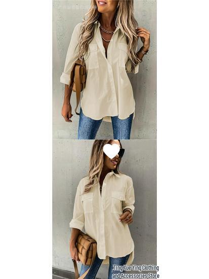 European American Women's Versatile Pocketed Long-Sleeve Lapel Shirt