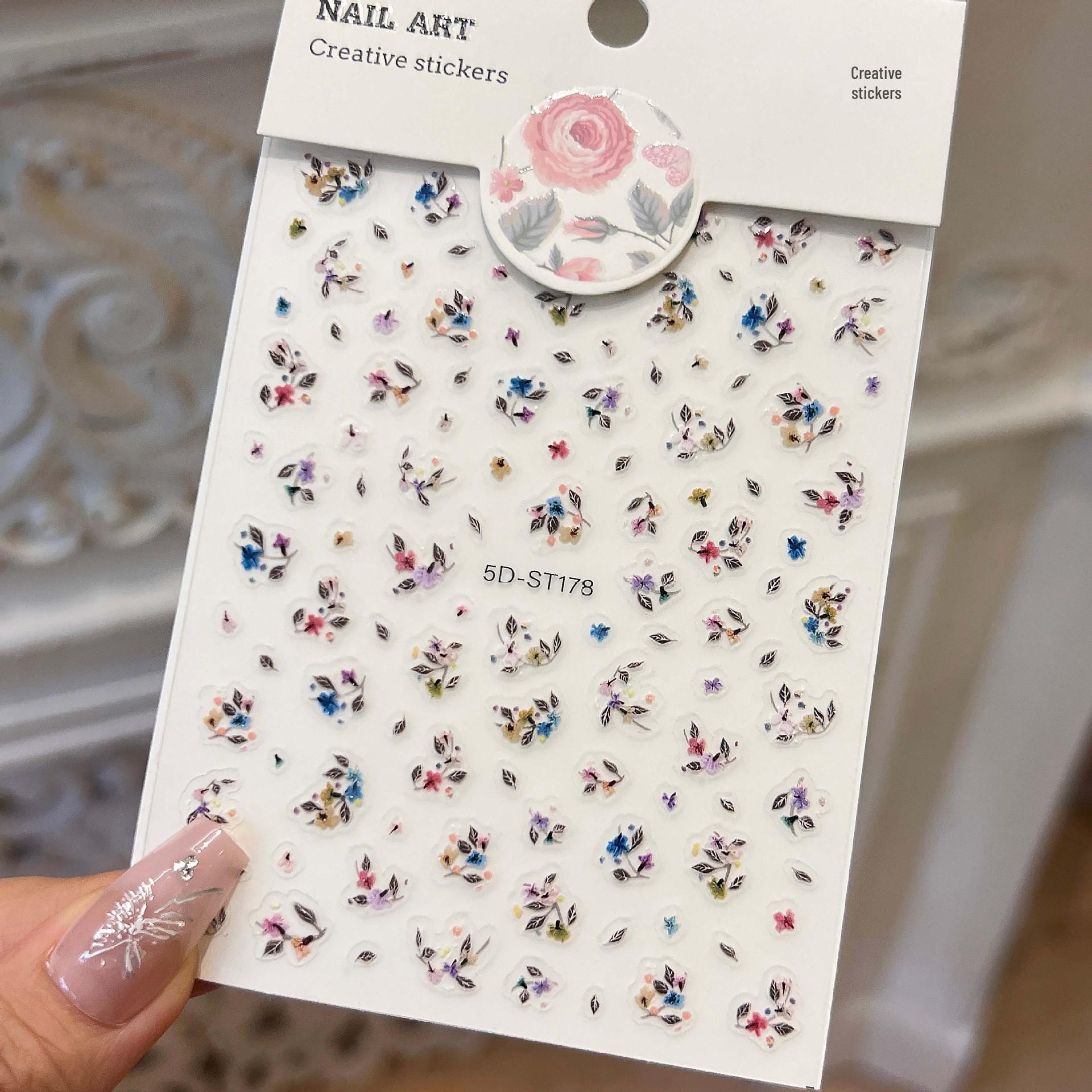 

Colorful Embossed 5D Floral Nail Stickers - Xiaohongshu Style, Simple Makeup Decoration