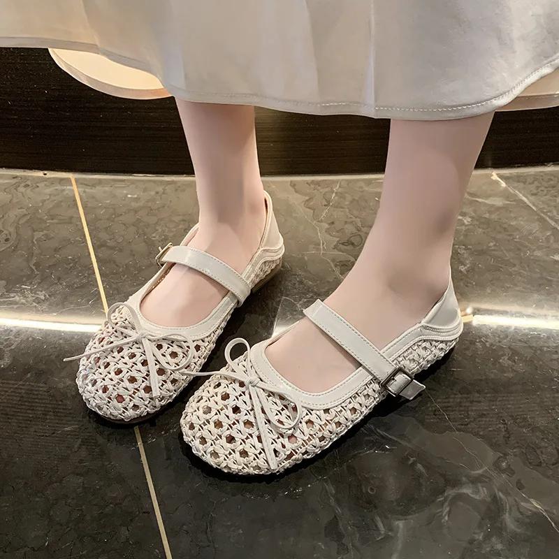 New 2025 Summer Breathable Woven Hollow Out Slip-On Women's Shoes Butterfly Knot Single Strap Versatile Fashionable Mary Janes