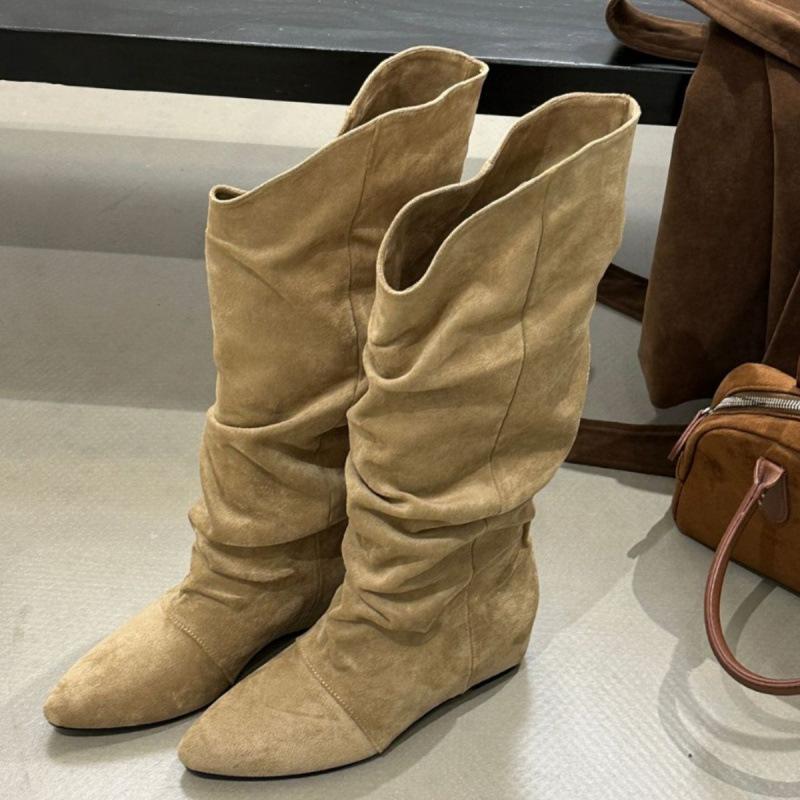 2025 pointed suede thin short cat thin heel women's pile boots fashionable retro European and American versatile medium boots women's boots