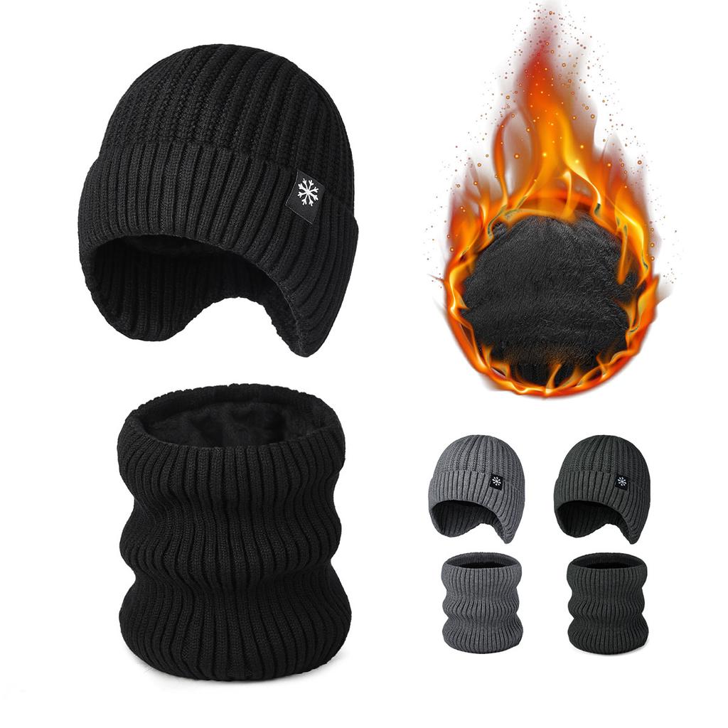 Winter Knitted Hat Two-Piece Outdoor Velvet Thick Warm Wool Cap with Scarf