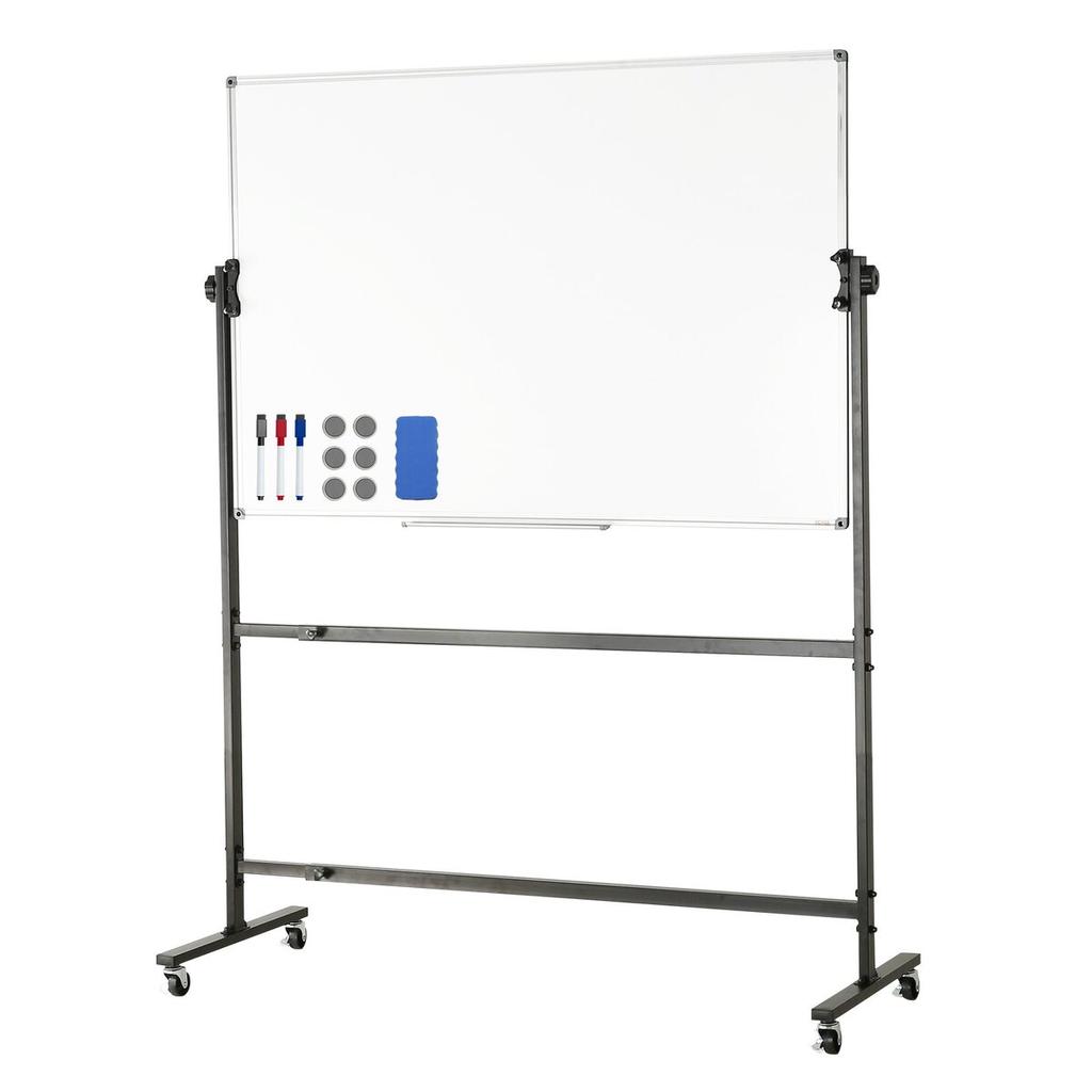 Rolling Whiteboard, 48x32 Inch Double-Sided Magnetic Mobile Whiteboard, 360° Reversible Adjustable Height Dry Erase Board with Wheels & Movable Tray