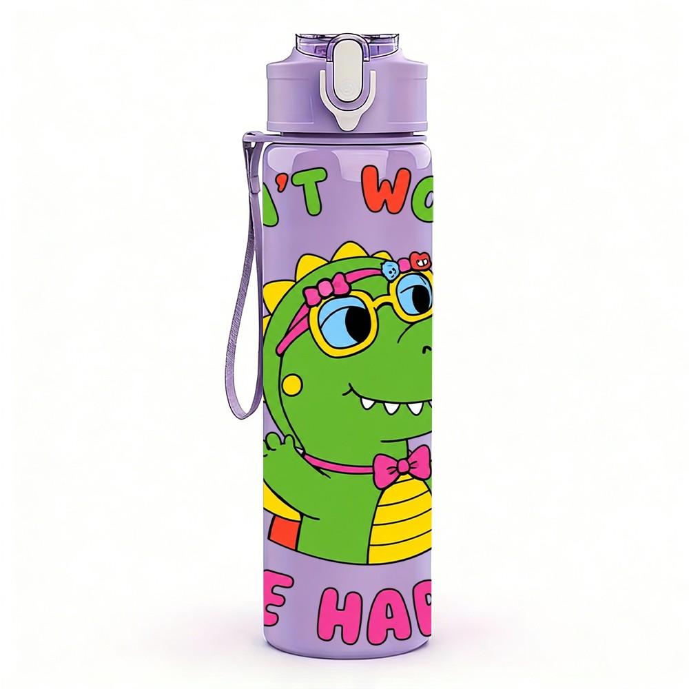 1PC Happy Green Dinosaur Slogan Print 750ml Color Plastic Sports Water Bottle Leakproof Flip Straw Lid Suitable for Sports Office Home Use