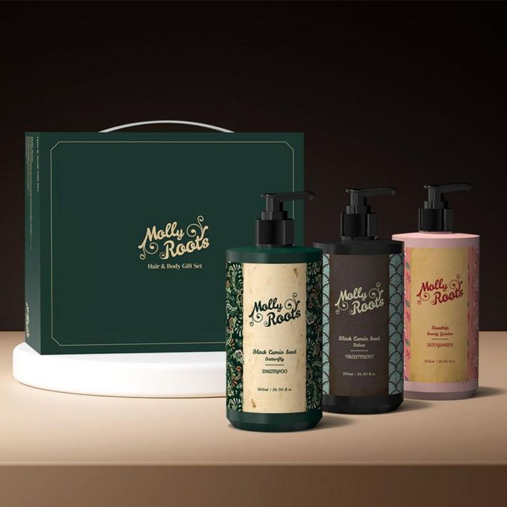 Mollyroot Black Cumin Seed Butterfly Shampoo + Velvet Treatment + Rosehip Sandy Garden Body Wash Set, 1 Set