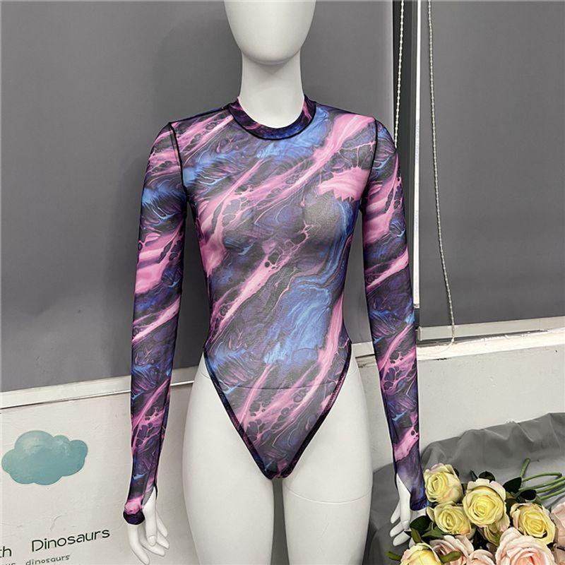 

Sexy Mesh Jumpsuit Tops Female Sexy Mesh Jumpsuit Bodysuit Top Women Tie-dyed purple XL