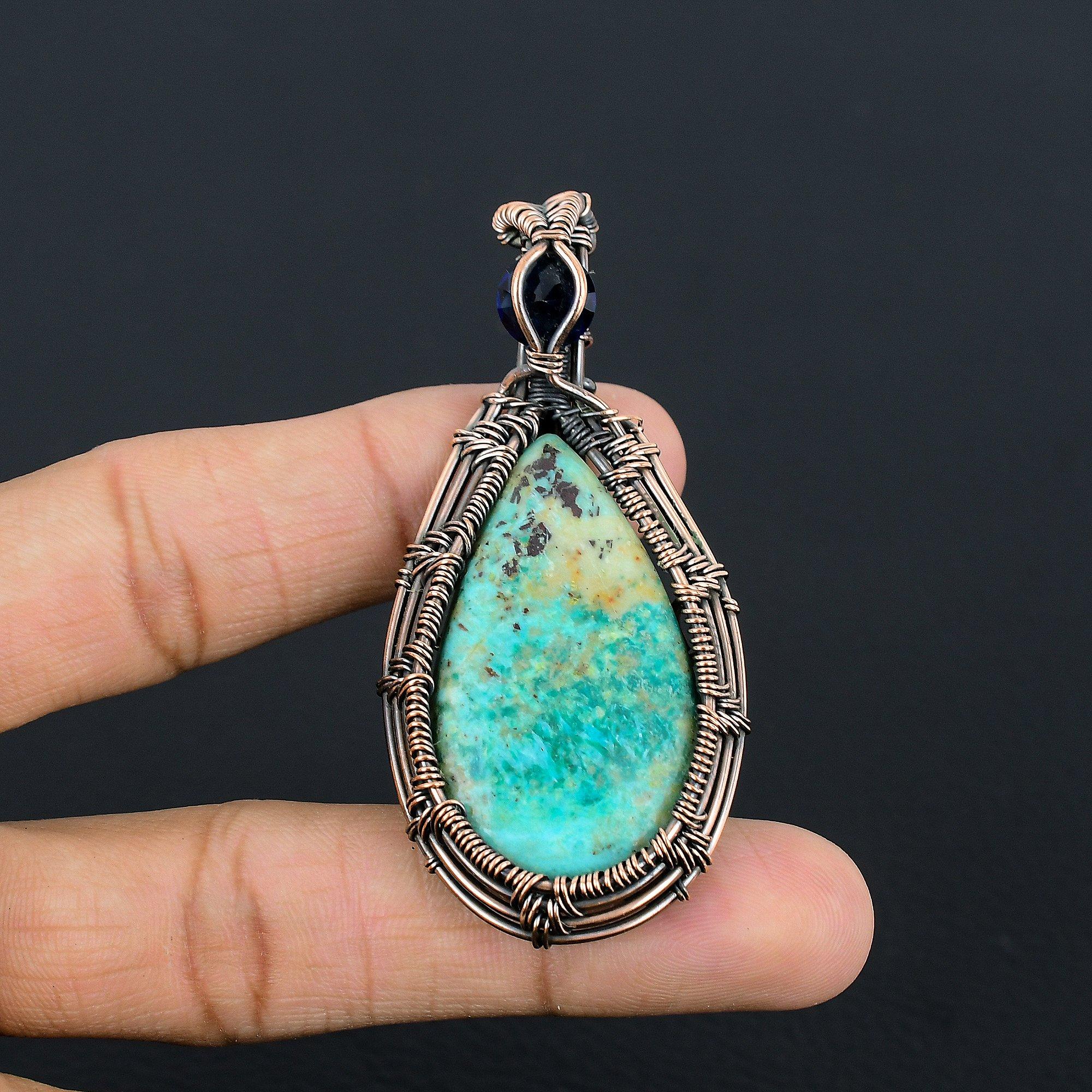 

Chrysocolla Pendant, 999 Copper Wire Wrapped Pendant Handmade Gemstone Jewelry, Gifts For Wife Brand New Pendant 2.54 Inches