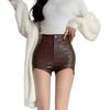 Women's Brown Leather Hip-Hugging Slimming Bootcut Shorts, Autumn/Winter 2025 Korean Style, Irregular Skinny Fit
