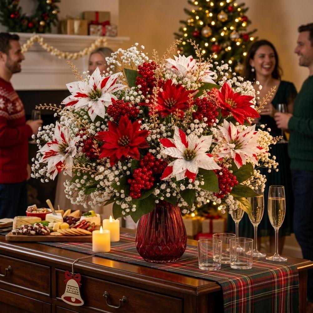 UV Resistant Artificial Poinsettia Bouquet Realistic Red Berries Christmas Flower Arrangement Fade Resistant Lush Leaves