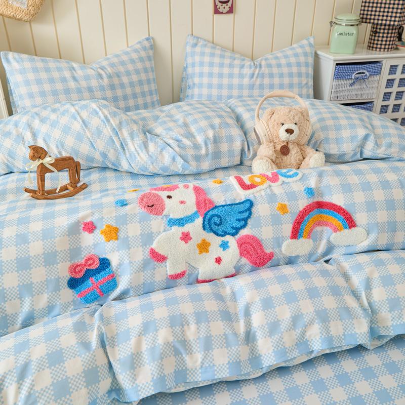 Cartoon towel embroidered cotton pure cotton bed four-piece set cute wind children's bedding quilt cover bed sheet dormitory three-piece set