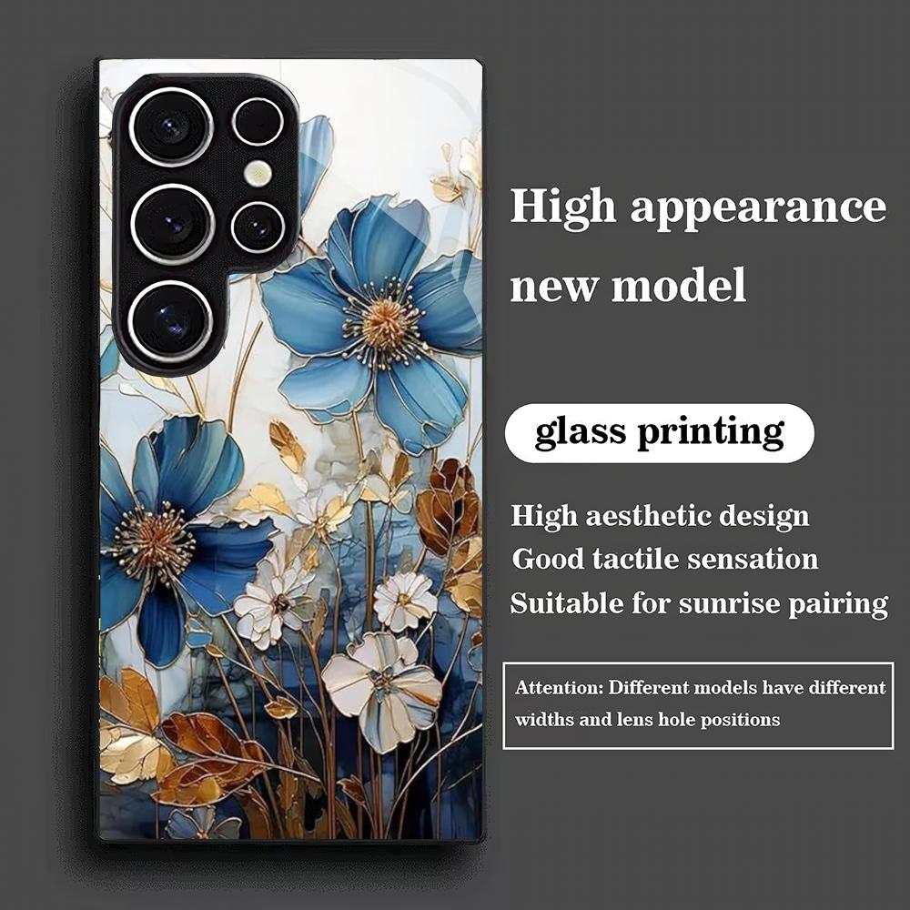 Blau-weiße florale gehärtete Glas Handyhülle geeignet für Samsung Galaxy S26 S25 S24 S23 S22 S21 S20 FE/Ultra/Plus sturzsicher
