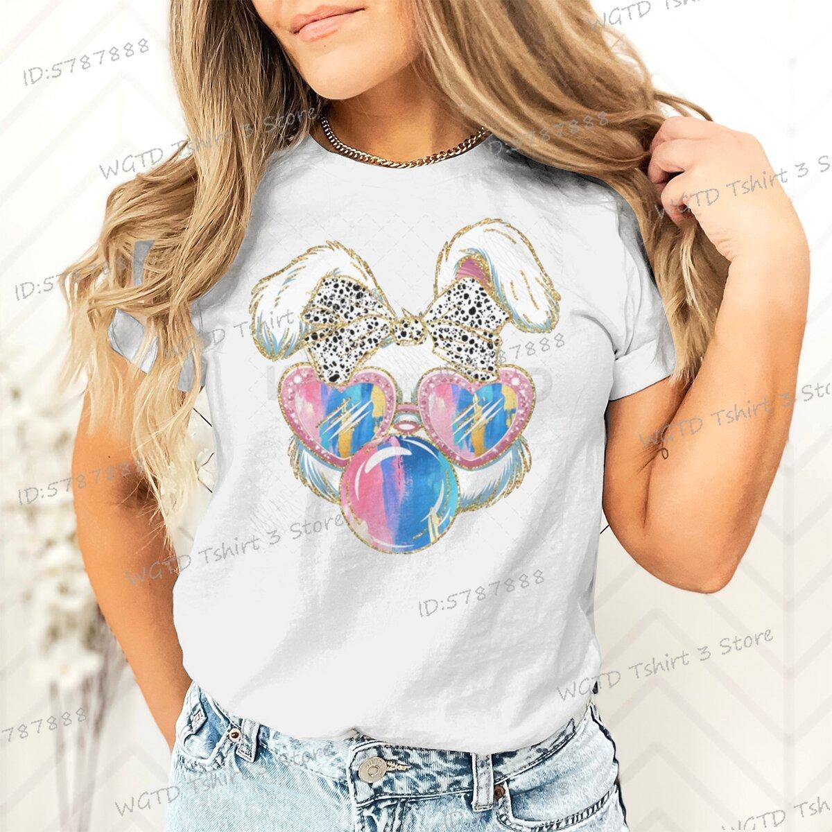 Glitter Easter Bunny Coquette Bow Classic Top Girls Funny Easter Bunnie Sunglasses Holiday Tshirts Easter Day Retro T Shirts S