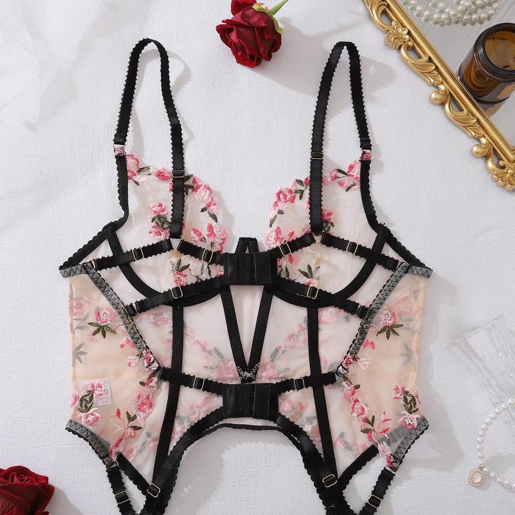 Women's Sexy Shapewear Set Floral Embroidery Mesh Spliced Lingerie Set Fashion Push-Up Waist Cincher Lingerie Set