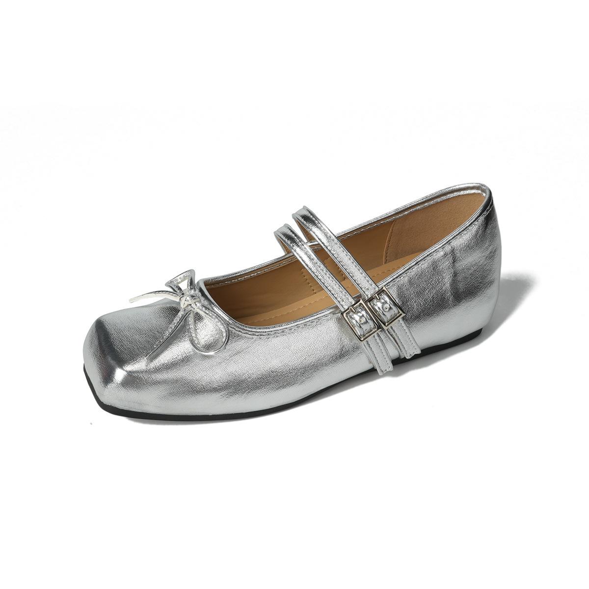 

Strictly selected French retro square head versatile word with Mary Jane shoes temperament shallow mouth bow inner height increase single shoes women 35 серебряный