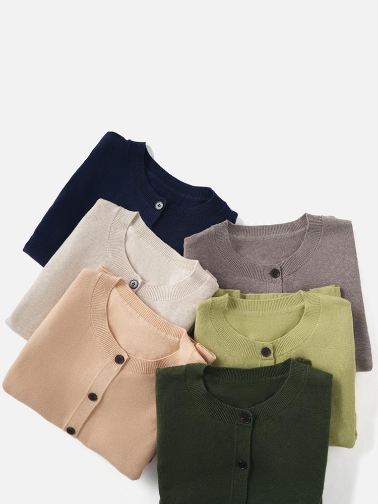 2025 Podzim Dámský Minimalistický Jednobarevný Pletený Kardigan - Ležérní Kulatý Výstřih Dlouhý Rukáv Kašmírový Svetr