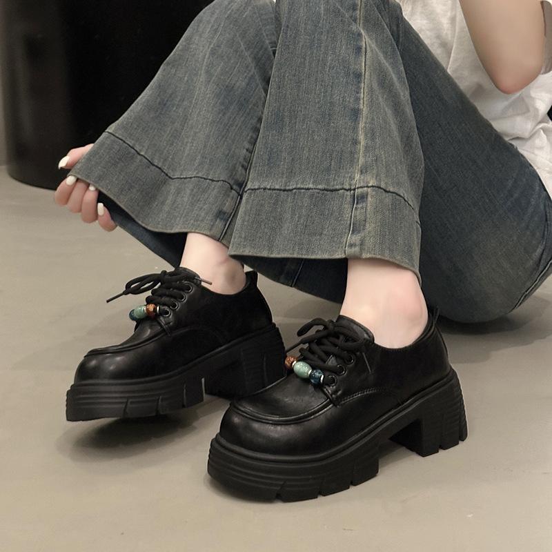 

British style small leather shoes women s 2025 spring and autumn new versatile shoes college style thick sole heel loafers 35 чёрный