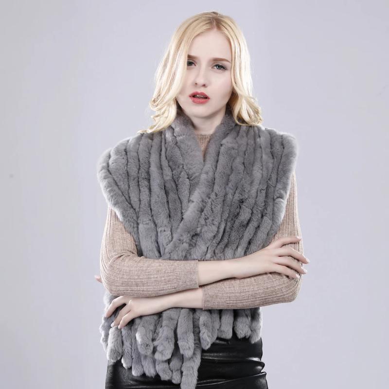 Winter Women Hand Knitted Real Rex Rabbit Fur Scarf Shawl Natural Soft Rex Rabbit Fur Muffler Lady Long Real Fur Scarves Poncho