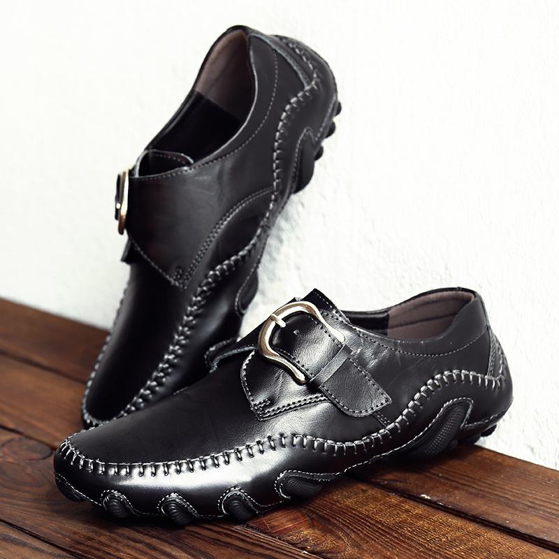 Fashion Fashion Metal Buckle Genuine Leather Loafers Men Brand Luxury Shoes Brown Moccasin Mens Flat Non-Slip Driving Shoes Slip-On Shoe