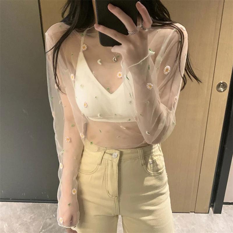 Women T Shirt See Through Transparent Mesh Tops Long Sleeve Sheer Turtleneck