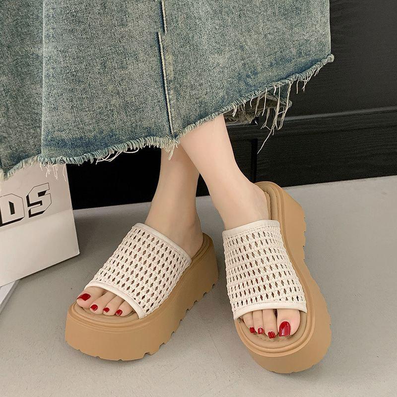 Thick Bottom Heightened Slope Heel Birkencool Slippers Women's Summer Wear 2025 New Model with Skirt Mesh Hollow One-word Drag