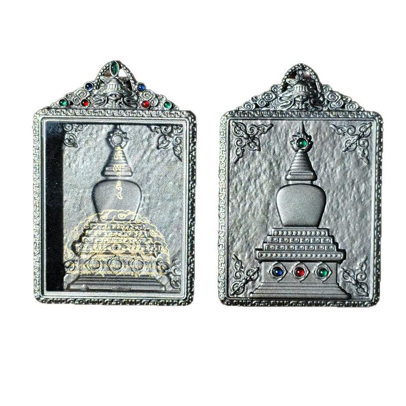 Wutai Mountain Tibetan Thangka Gau Box Pendant - Copper, Gold, Silver, Gemstones, Big White Pagoda Design