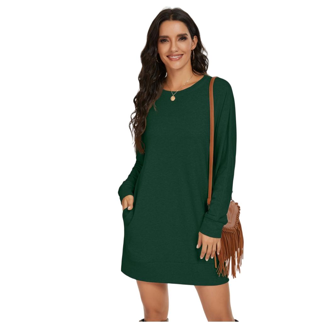 Women's Fashionable Long-sleeved Solid-color Round-neck Pocket Dress