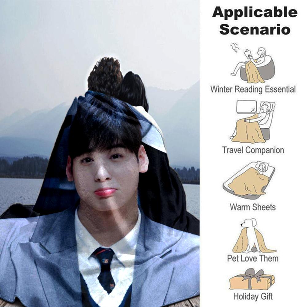 1Pc Cha Eun-woo Print Blanket Soft Comfortable Polyester Throw Blanket Allseason Use Perfect Bedroom Office Outdoor Ideal Christmas Gift Choice Print 