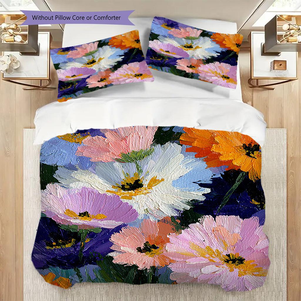 Flower Painting Pattern Bedding Quilt Set Quilt Cover Pillowcase Home Decoration Birthday Gift (1 * duvet cover + 2 * pillowcase, without core)