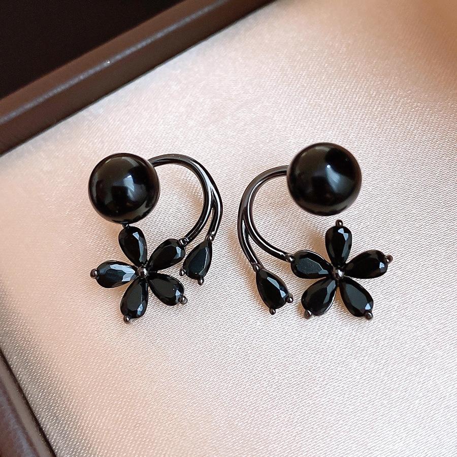 Серьги-пусеты «Серебряная игла» с корейским черным цирконом в виде цветка, нишевый дизайн