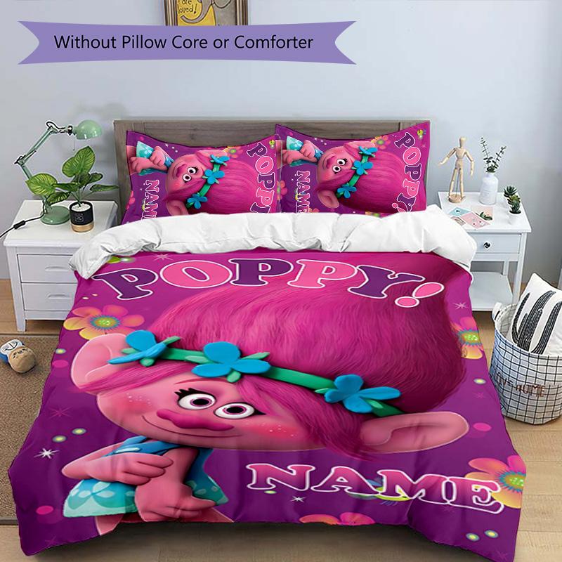 3pcs Trolls3 Cover Set - Personalized Name, HD Printed Bedding with 1 Cover and 2 Pillowcases - Perfect for Home Decor, Easy Care