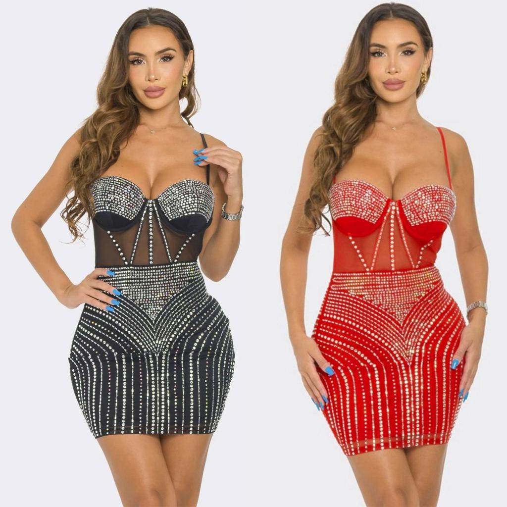 European-American Sexy Sheer Patchwork Bodycon Camisole Dress with Hot Drill Design