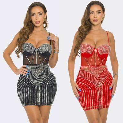 European-American Sexy Sheer Patchwork Bodycon Camisole Dress with Hot Drill Design