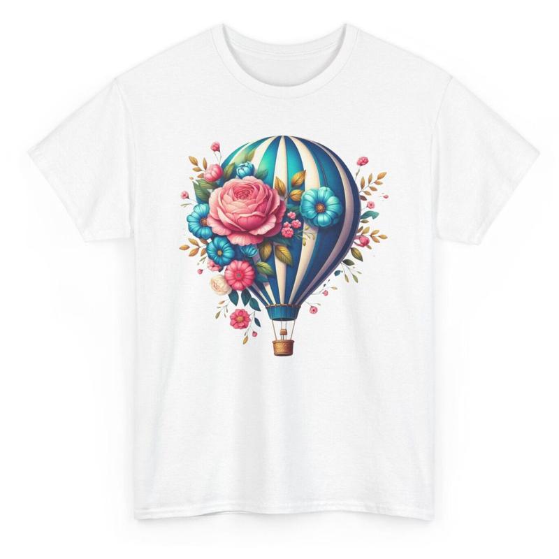 Blue Hot Air Balloon T Shirt Flowers Novelty Art S разноцветный
