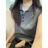 Thin Polo Collar Small Fly Sleeve Knitted Tencel Short Sleeve Women's Summer Button Design Bottoming Top High-end T-shirt