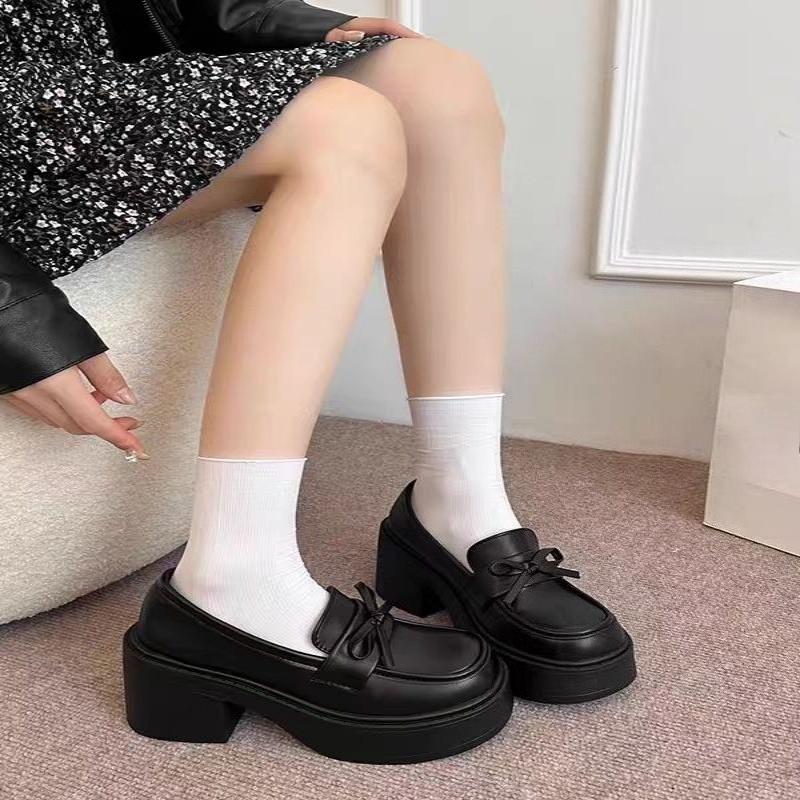 Fashionable New Comfortable And Durable Women'S Single Shoes Elegant Spring And Autumn Bow Tie Thick Soled Casual Shoes