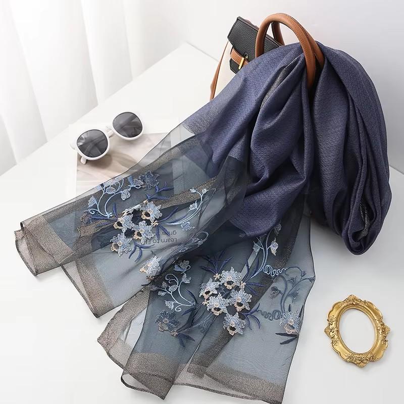 Four Season silk wool scarf women hijab pashmina shawls wrap Bandana Blanket Floral Pashmina Embroidery Scarves Foulard