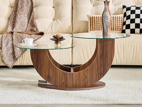 Modern Coffee Table, 2 Tempered Glass Tops, MDF Frame with Storage, Glass Coffee Table for Living Room, Walnut Look