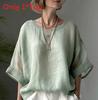 Camicia da donna in cotone e lino, vestibilità larga, con scollo rotondo e maniche corte, per un look casual primaverile
