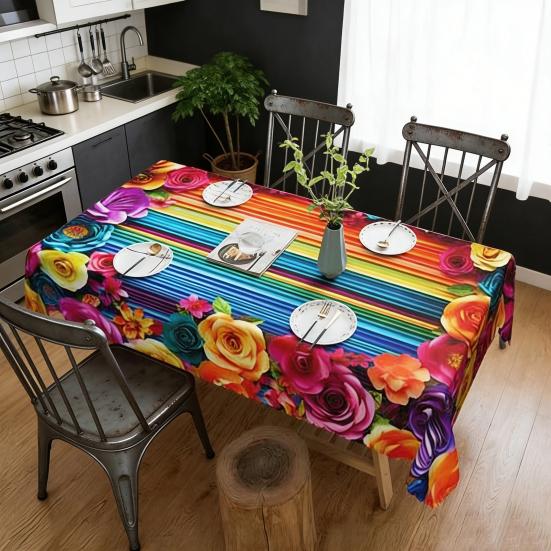 Mexikanische Blumige Tischdecke Rechteckig Volkskunst Muster Tischdecke mit Zackensaum Bunte Blumen Tischabdeckung für Esstisch Party Dekoration