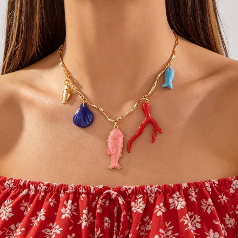 

Colorful Coral Fish Star Shell Seashell Necklace Women s Summer Vacation Style Personality Clavicle Chain Accessory