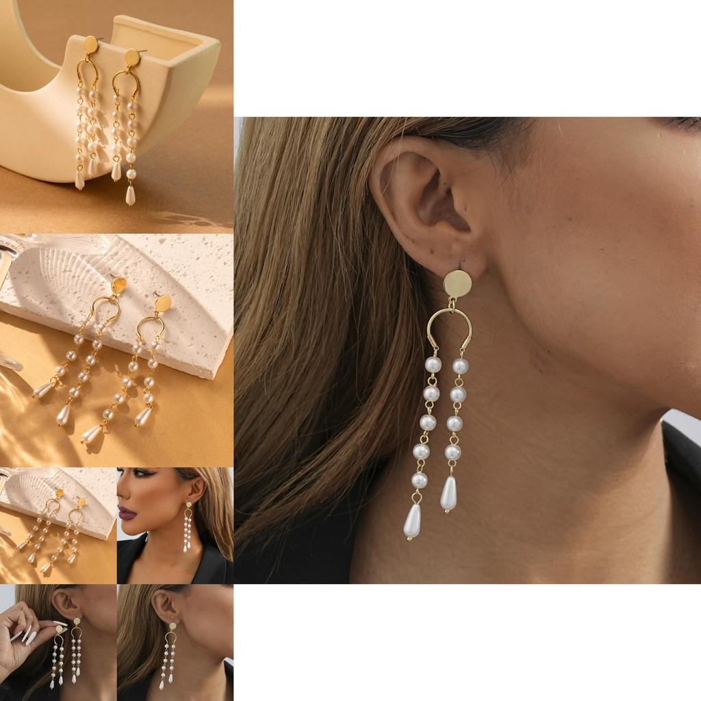Modern Asymmetric Faux Pearl Tassel Earrings For Women In Gold Color
