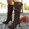 Fashion Buckle Strap High Heel Long Boots for Women Fashion Pointed Toe Stiletto Heeled Party Shoes Women Pleated Design Knee High Boots